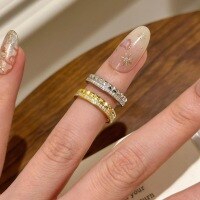 wholesale S925 Sterling Silver Diamond and Plain Checkerboard Pattern Tail Ring, Minimalist and Exquisite with a Sense of Understated Luxury-Gold USA 3 (Hong Kong 6-7)