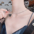 wholesale S925 Sterling Silver Vintage Black Heart-shaped Letter Necklace French Hepburn Style Versatile Collarbone Chain-0-1