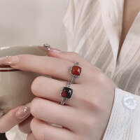 wholesale S925 Sterling Silver Vintage Country Style Wheat Grain Square Sugar Red Agate Blood Amber Stone Distressed Design Adjustable Ring-1396FJ Blood Amber/approx. 3g Adjustable opening