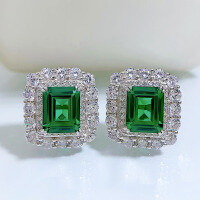 wholesale S925 Silver New European and American Style Simulated Emerald 8*10 Earrings with Luxurious Inlaid Elegant Ear Studs for Women-Red 925 silver