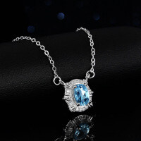 Sterling Silver Natural Blue Topaz Moissanite Necklace Pendant-Set with white moissanite  925 silver