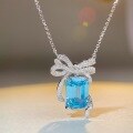 wholesale S925 Sterling Silver Bow Necklace for Women with Aquamarine and High-Carbon Diamond Pendant Collarbone Chain-0-1