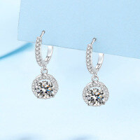 wholesale PT950 gold plated 925 sterling silver earrings for women, round bezel set moissanite ear clips, available for wholesale from manufacturers-A pair of 2 carats (single 1 carat)  925 silver