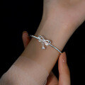 wholesale S999 Sterling Silver Bow Bracelet for Women Summer Bell Bangle Plain Circle Pure Silver Beaded Chain Minimalist Gift for Girlfriend on Qixi Festival-0-1