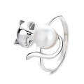 wholesale S925 Sterling Silver Cute and Fresh Ins Style Playful Kitten Design with Pearl Accent Open Ring-0-4