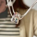 wholesale S925 Sterling Silver Double Ring Letter Colored Zircon Road-Road Pendant Necklace, Colored Zircon Pendant, Light Luxury Advanced Sense Collarbone Chain for Women-0-4