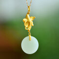 wholesale 925 Silver Gold-Plated with Certificate, Round Drum Surface Jade Pendant, Original Light Luxury Design Floral Inlay Hetian Jade Necklace-0-2