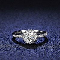 Silver Moissanite Ring Women Round Halo Flash Diamond-50-point (D color moissanite)  Adjustable opening