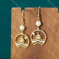 wholesale 925 Sterling Silver Chinese Style Garden Architecture Minimalist Large Circle Pearl Earrings for Hanfu Wholesale-14K gold 925 silver