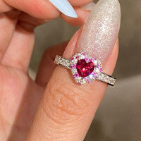 wholesale Metal: 925 Sterling Silver Zhuozhifan Jewelry New 5*5mm Pigeon Blood Red Heart Full Diamond Ring, Playful and Cute-R1219 Pigeon Blood Red Heart Ring Size 8