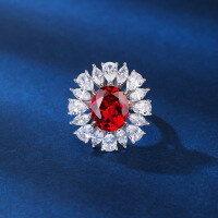 wholesale S925 Sterling Silver Sapphire Ring for Women, Luxurious Halo Setting Oval Center Stone with High Carbon Diamond Wholesale Silver Jewelry Factory Direct-Red 8