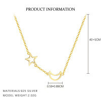 wholesale S925 Sterling Silver Farfan Star Moon Pendant Necklace, Women's Light Luxury Fashion Versatile Hollow-out Personality Choker-A4035-Gold 925 Silver