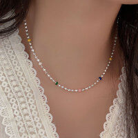 wholesale S925 Sterling Silver Dopamine Necklace Women's Italian Square Bead Korean Spring Summer New Heavy Duty Personality Choker-Pure silver (40+5CM)