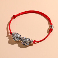 wholesale S925 Sterling Silver Awakening Lion Red Rope Bracelet, Unisex Minimalist Design Handwoven Zodiac Year Couple's Cord-SL010333 (925 Silver Lion Red Rope Bracelet) 925 Silver