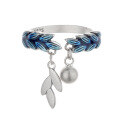 wholesale S925 Sterling Silver Vintage Matte Craft Literary Forest Style Resin Wheat Leaf Silver Bead Tassel Open Ring-0-6