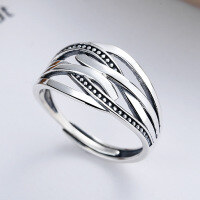 wholesale S925 Sterling Silver Japanese Korean Retro Vintage Thai Silver Ins Minimalist Style Line Cross Open Adjustable Ring Unisex-YFJ298/approx. 3.3g Adjustable opening