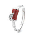 wholesale S925 Sterling Silver Bamboo Knot and Leaf Style Inlaid with Southern Red Agate Ring, Pastoral Design Knuckle Ring-0-4