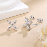 wholesale 18K gold-plated S925 sterling silver clover moissanite earrings, 3*6mm marquise-shaped moissanite jewelry-Platinum