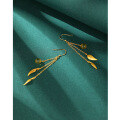 wholesale S925 Sterling Silver Tassel Earrings for Women, Vintage Ancient Gold Craft Round Bead Green Jade Leaf Ear Drops, Sand Gold Ear Accessories-0-2