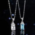 Sterling Silver Natural Blue Topaz Moissanite Necklace Pendant, 1ct Emerald Cut-0-4
