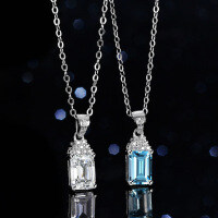 Sterling Silver Natural Blue Topaz Moissanite Necklace Pendant, 1ct Emerald Cut-Inlaid with natural blue topaz  925 silver