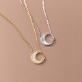 wholesale S925 silver crescent moon minimalist inlaid diamond shell necklace for women, simple collarbone chain D9073-0-1