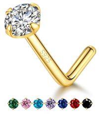 wholesale S925 Sterling Silver Hot Selling European And American L-post Nose Stud With Round Zircon Four-prong Setting Cross-border Nose Piercing Jewelry 20g-White Diamond S925 White Gold (single)