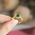 wholesale S925 silver plated with 18k gold, 6*6mm Italian retro cultured emerald sugar loaf ring for women, same as Xiaohongshui style-0-1