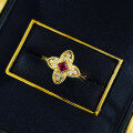 wholesale S925 Silver New Style Simulated Ruby Four-Leaf Clover Ring with Delicate Beaded Edge Setting, Fresh and Elegant-0-3