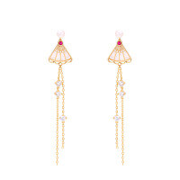 wholesale S925 silver Chinese-style folding fan earrings with long tassels, white shell, and pearl accents-Gold>925 silver