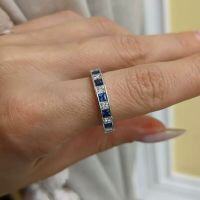 wholesale S925 Sterling Silver Artificial Princess-Cut Synthetic Sapphire Zirconia Row Diamond Ring Cross-Border Versatile Style-R1212 Blue and White Princess Cut Ring Size 7