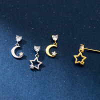 wholesale S925 Sterling Silver Inlaid Diamond Mini Star and Moon Asymmetric Earrings with Elegant Heart-shaped Design for Women M01997-S925 silver pair silver 925 silver