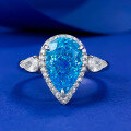 wholesale S925 Silver, Platinum High-Carbon Diamond 7*11mm Pear-Shaped Aqua Blue Diamond Ring by MuJing New Arrival for Cross-Border EU/US Market-0-0