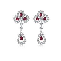 wholesale S925 Sterling Silver Four-Leaf Clover Stud Earrings with Tassel Drop, High-End Sense Versatile Full Diamond Celebrity Style, Factory Direct-Red Diamond-ED035 925 Silver