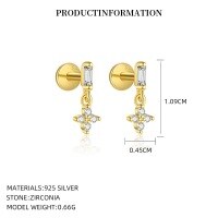 wholesale S925 Sterling Silver Small Square Zircon Snowflake Tassel Earrings For Women, Fashionable Classic European Geometric Earrings With A Luxurious And Advanced Feel-E5389_White Zirconium_18K Yellow Plated_Pair_With Flat-bottomed Threaded Needle 925 Silver