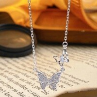 wholesale Metal: 999 Silver, Double Flying Diamond Butterfly Necklace for Women, Luxe Advanced Collarbone Chain, Unique New Style Birthday Gift-Pure Silver Double Flying Butterfly Necklace Pure Silver