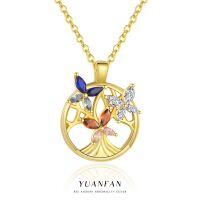 wholesale S925 Sterling Silver Cross-Border Color Zirconia Life Tree Pendant Necklace, Four-Leaf Clover Butterfly Collarbone Chain Wholesale-YA0465_Colored zirconium_18K yellow plated 925 silver