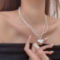 wholesale S925 Sterling Silver with Swarovski High-End Pearl Heart Double-Layer Necklace for Women, Korean Sweet and Cool Niche Long Pendant Necklace-0-4