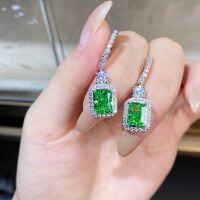wholesale S925 Sterling Silver Women's Square Emerald Cut Ice Flower Cut Green Stud Earrings Full Diamond Jewelry-Green Diamond-ED136 925 Silver