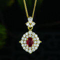 wholesale Silver jewelry new 15ct oval cabochon flat-bottom cultured ruby pendant full diamond pave 60cm chain-0-0