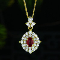 wholesale Silver jewelry new 15ct oval cabochon flat-bottom cultured ruby pendant full diamond pave 60cm chain-Cultivated Ruby>Single Pendant【N3301】