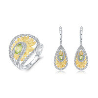wholesale 925 Silver Designer High-end Natural Peridot Jewelry Set with Sunflower Element Design, Ring and Earrings-Ring (Note: US size 5-10)