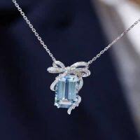wholesale Silver-toned cross-border European and American aquamarine necklace for women with bow pendant, versatile collarbone chain, Korean-style fresh and sweet-cool girl necklace-xb340 platinum