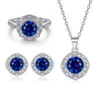 wholesale S925 Sterling Silver European and American Blue Gemstone Ring, Blue Zircon Stud Earrings, Light Luxury Necklace, Pure Silver Jewelry Set for Women with a High-End Feel-Earrings TLED117 925 silver