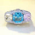 wholesale S925 Silver New 2-Carat Simulated Fancy Diamond Ring for Women, Set with Yellow, Blue, and Pink, Personalized Full Diamond Ring-0-0