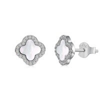 wholesale S925 Sterling Silver INS Style Hot Women's Earrings with Advanced Sense White Shell Black Agate Four-Leaf Clover Design Light Luxury Ear Accessories-White Shell DY1D0388-SW-WH 925 Silver