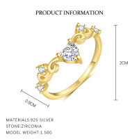 wholesale S925 Sterling Silver Cross-border Sweet Heart Ring With Shining Zircon, Adjustable Opening, Fashionable And Light Luxury-K2138-Gold/7 Sizes