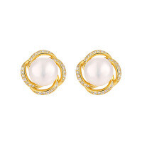 wholesale S925 Sterling Silver Small Design, Ins-Style High-End Floral Edge Inlaid with Natural Bread Beads and Rhinestone Earrings for Women-18K gold [with sterling silver ear plugs]  925 silver