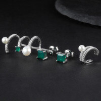 wholesale S925 Silver Fashionable Light Luxury Earring Three-Piece Set, Inlaid with Natural Freshwater Pearls and Matching Green Agate Ear Studs and Ear Clips-S925 sterling silver inlaid with natural pearls + green agate 925 silver