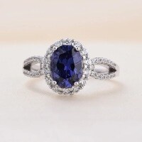 wholesale S925 Silver Oval Synthetic Sapphire Ring with Halo Diamond Setting and Frosted Floral Design, High-End New Women's Ring-R217 Blue No. 8